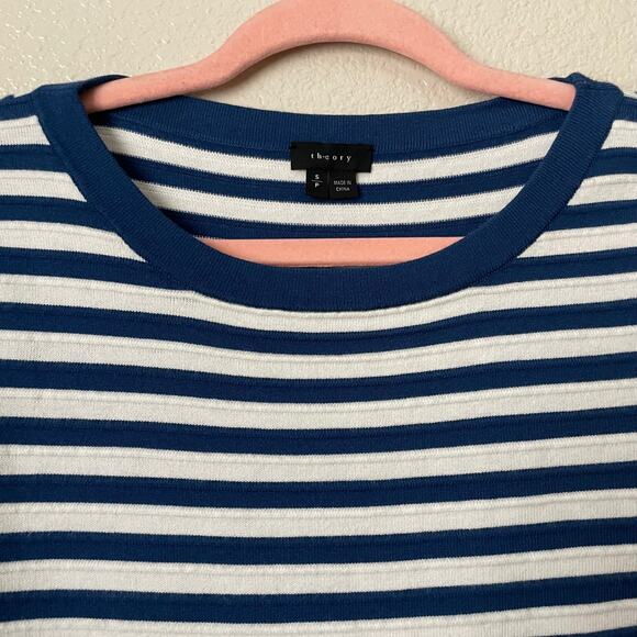 Theory Sweater Womens Small White Blue Striped Crewneck Cotton Knit Preppy - Picture 4 of 11